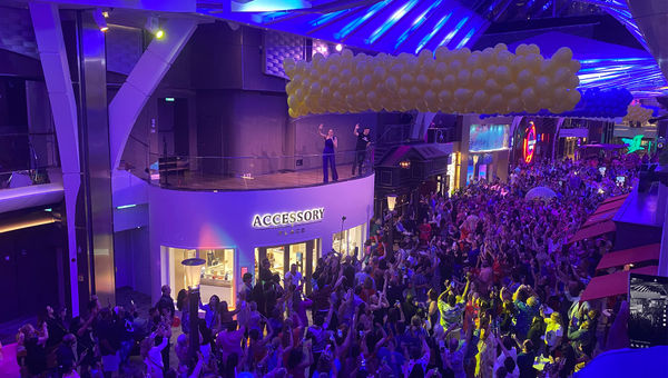 A late-night party in the Royal Promenade kept the party going on the Utopia of the Seas. A late-night party in the Royal Promenade kept the party going on the Utopia of the Seas.