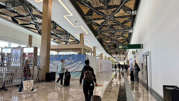 A Mayan design motif is recognizable at Tulum's airport. A Mayan design motif is recognizable at Tulum's airport.