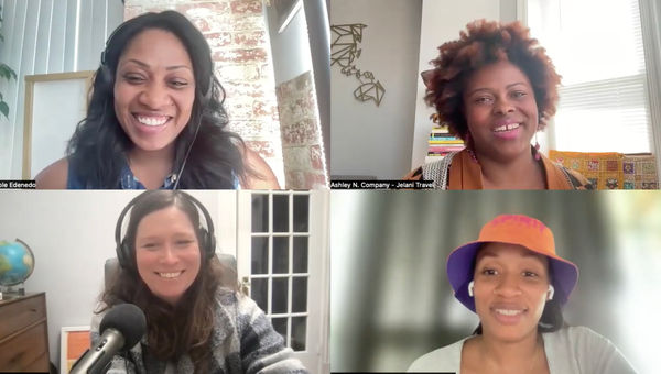 Clockwise from top left: Nicole Edenedo of Travel Weekly; Ashley Company, the owner of Jelani Travel; Martinique Lewis, the creator of ABC Travel Greenbook and the president of the Black Travel Alliance; and host Rebecca Tobin. Clockwise from top left: Nicole Edenedo of Travel Weekly; Ashley Company, the owner of Jelani Travel; Martinique Lewis, the creator of ABC Travel Greenbook and the president of the Black Travel Alliance; and host Rebecca Tobin.