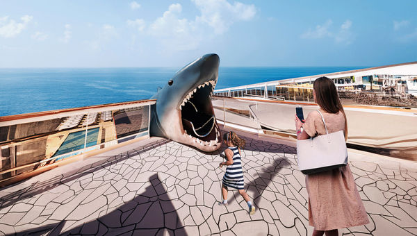 Riders of the Jaw Drop @ The Spiral will enter the dry slide through a shark's mouth. Riders of the Jaw Drop @ The Spiral will enter the dry slide through a shark's mouth.