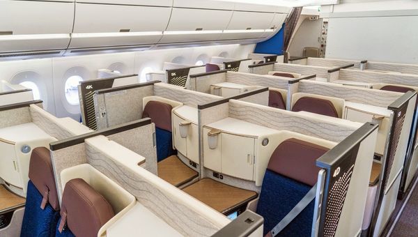 The business-class cabin on Air India's Airbus A350. The business-class cabin on Air India's Airbus A350.