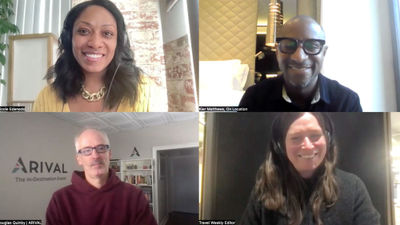 Clockwise from top left: Nicole Edenedo of Travel Weekly; Kier Matthews of On Location Experiences; Rebecca Tobin of Travel Weekly and Douglas Quinby of Arival.
