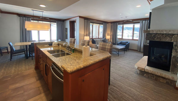 The kitchen and living room in a three-bedroom villa. The kitchen and living room in a three-bedroom villa.
