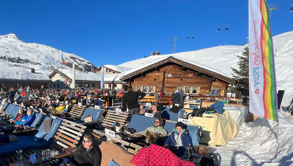 The rainbow flag flies over Arosa during Gay Ski Week. The rainbow flag flies over Arosa during Gay Ski Week.