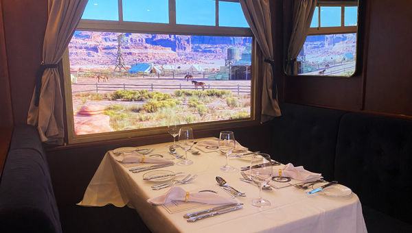 The Royal Railway dining train offers theatrical experiences on Utopia of the Seas. The Royal Railway dining train offers theatrical experiences on Utopia of the Seas.
