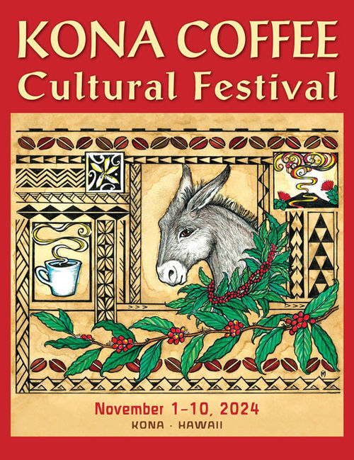 The signature art for the 2024 Kona Coffee Cultural Festival features a Kona Nightingale, or donkey, to represent the animal’s part in helping the coffee farmers. The signature art for the 2024 Kona Coffee Cultural Festival features a Kona Nightingale, or donkey, to represent the animal’s part in helping the coffee farmers.